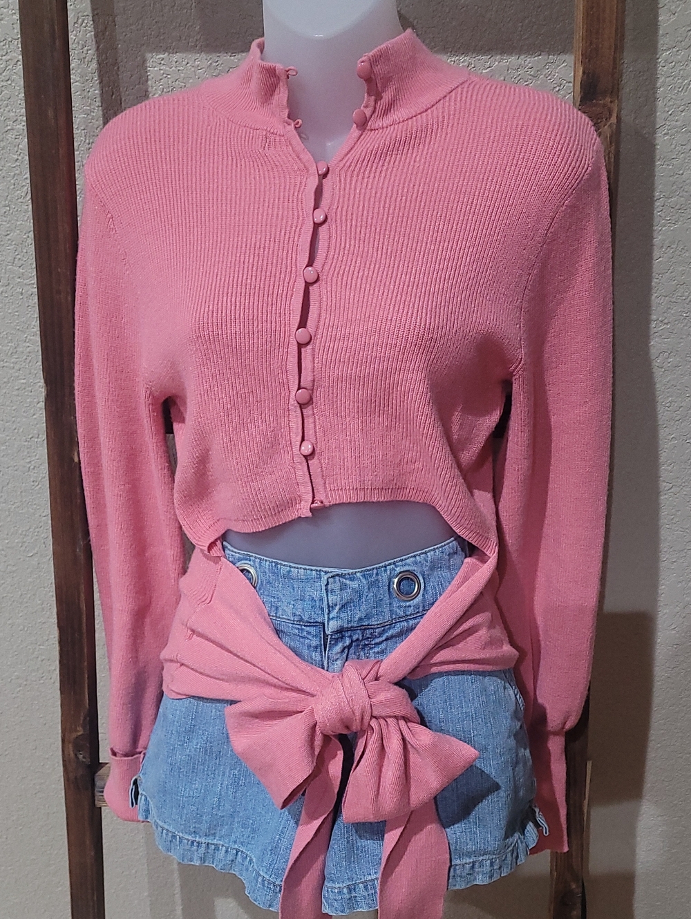Cropped Mock Neck Cardigan in Soft Pink